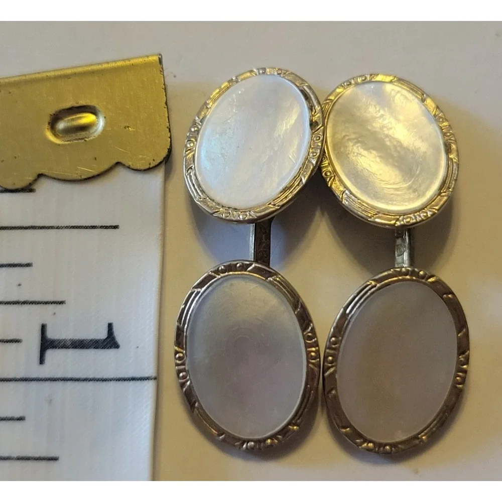 Clark Cufflinks Vintage Art Deco Mother of Pearl Gold Tone Formal White
